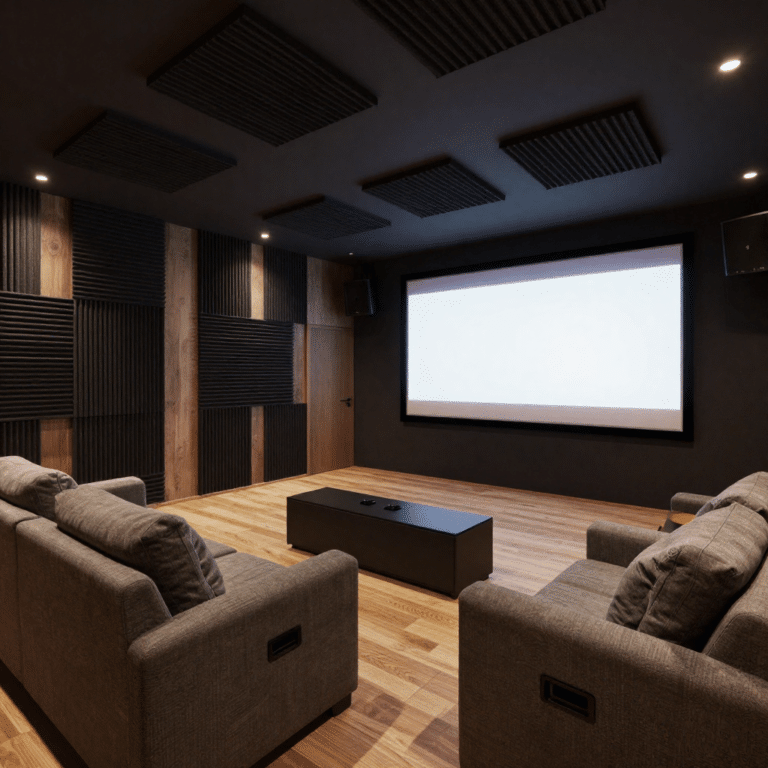 busy builders rendering of a finished basement home theater with acoustic wall panels, large projection screen, dark wood slat accent walls, and hardwood flooring