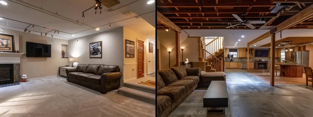 The Real Impact of Basement Finishing: Benefits & Challenges 2 a cozy basement transformed into a stylish and functional living space, showcasing the benefits and challenges of basement finishing.
