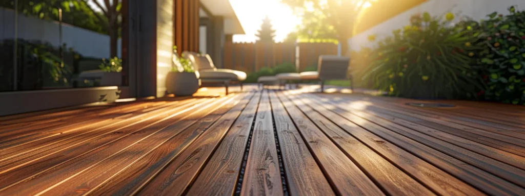 **Wood vs. Synthetic Deck: Pros and Cons You Should Know** 6 a beautifully arranged outdoor space features a stunning side-by-side comparison of rich, natural wood decking and sleek, modern synthetic decking, bathed in warm, golden sunlight that highlights their unique textures and colors.