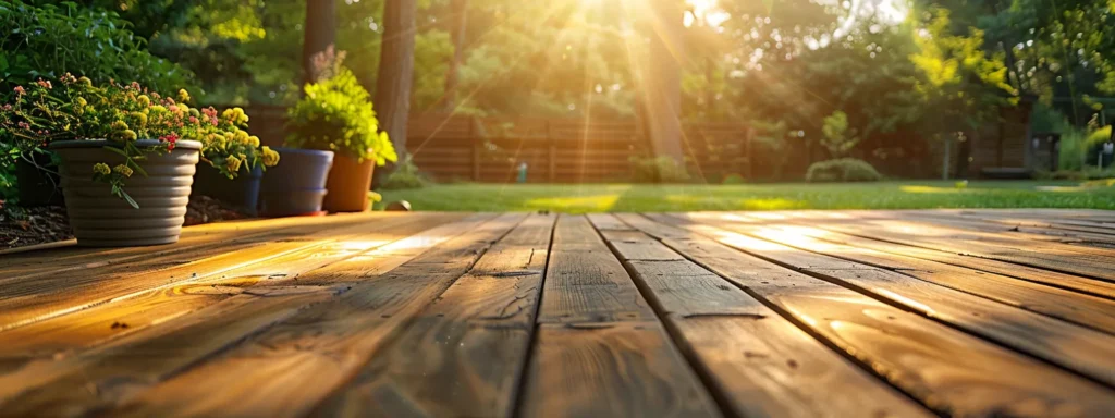 Transform Your Space: Benefits of Deck Building in Polk City 1 a beautifully crafted ground-level deck in polk city, showcased under soft golden sunlight, highlighting its durable wood and composite materials against a lush green backdrop.