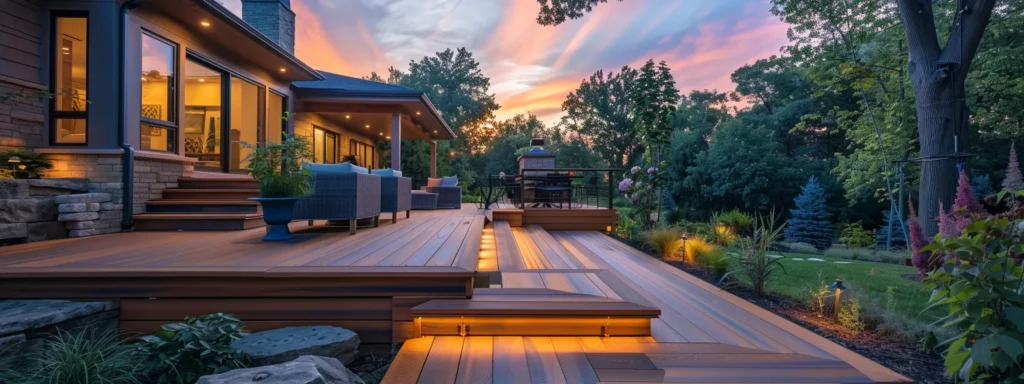 Building or Repairing Your Deck? Trust Busy Builders in Des Moines 1 a beautifully crafted wooden deck, bathed in warm sunset light, showcases a cozy outdoor living space adorned with lush greenery, reflecting the craftsmanship and inviting atmosphere that busy builders brings to des moines.