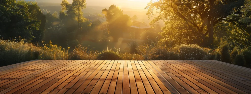 Transform Your Space: Benefits of Deck Building in Polk City 3 a beautifully crafted wooden deck overlooking a serene landscape, bathed in warm golden sunlight, symbolizing the seamless efficiency and expertise of professional builders.
