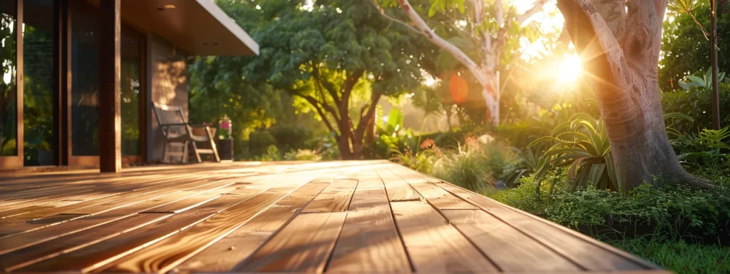 Busy Builders: Your Best Choice for Decks in Des Moines 4 a beautifully crafted wooden deck stretches across a sunlit backyard, surrounded by lush greenery, highlighting the seamless blend of design and craftsmanship that reflects a meticulous building process.