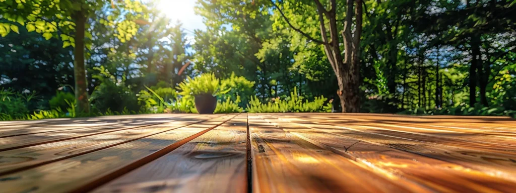 **Wood vs. Synthetic Deck: Pros and Cons You Should Know** 1 a beautifully crafted wooden deck stretches across a sunlit outdoor space, highlighting the rich grain and warm tones of cedar, set against lush greenery and a clear blue sky, embodying natural elegance and inviting tranquility.