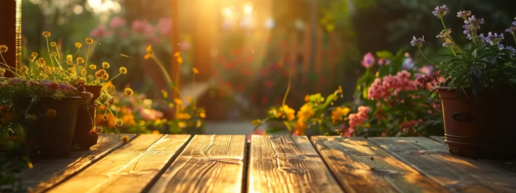 Transform Your Space: Benefits of Deck Building in Polk City 6 a beautifully crafted wooden deck, surrounded by lush greenery and vibrant flowers, showcases intricate design features that harmoniously blend with the outdoor living space, bathed in warm golden hour sunlight.