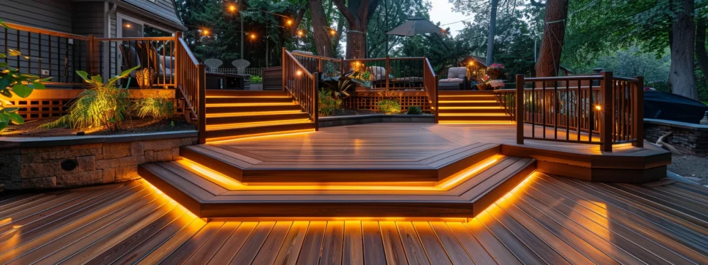 Busy Builders: Your Best Choice for Decks in Des Moines 3 a stunning outdoor living space showcases a beautifully crafted multi-level deck made of rich wood, complemented by elegant railings and ambient lighting, inviting relaxation and enjoyment in a vibrant garden setting.