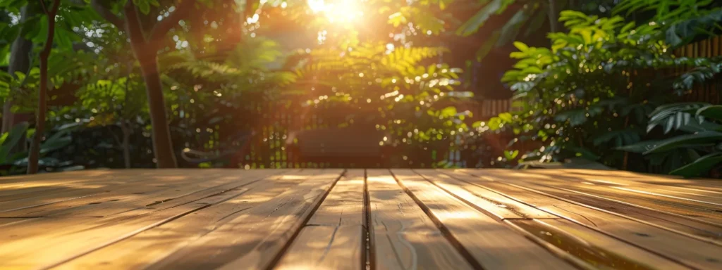 Busy Builders: Your Best Choice for Decks in Des Moines 5 a sunlit wooden deck glistens after a recent cleaning, surrounded by vibrant greenery and showcasing essential maintenance tools and products to emphasize the importance of upkeep for longevity and beauty.