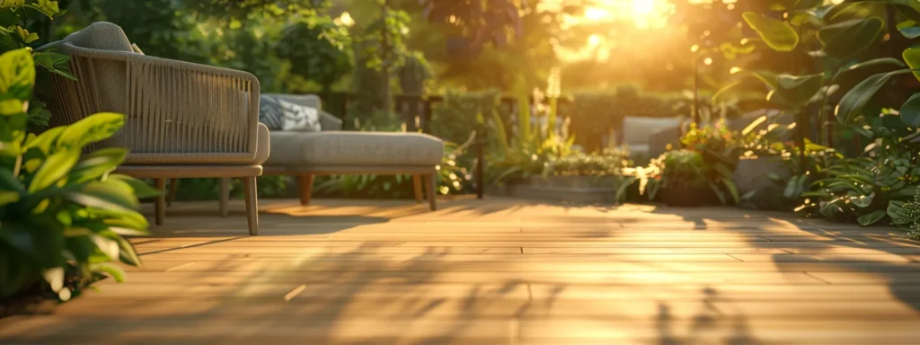 **Wood vs. Synthetic Deck: Pros and Cons You Should Know** 3 a vibrant outdoor patio showcases elegant synthetic decking, gleaming under the golden sunlight, surrounded by lush greenery and stylish furniture, highlighting its durability and low-maintenance appeal.