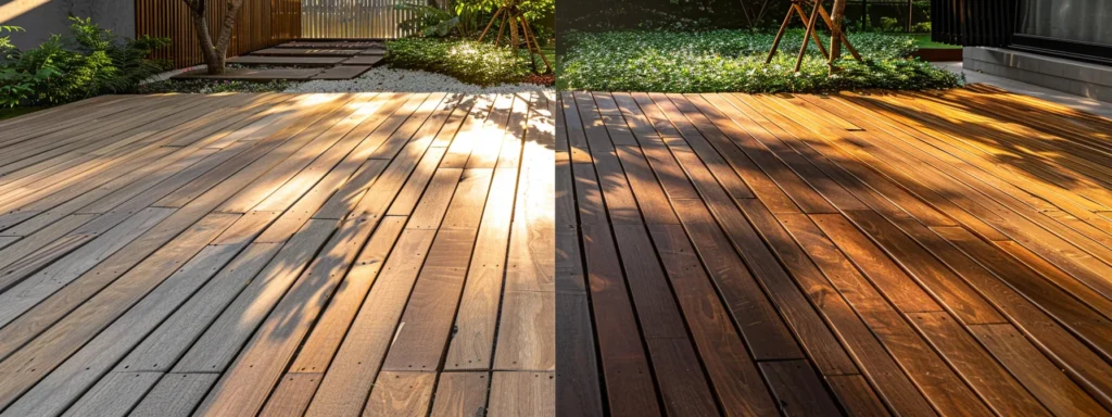 **Wood vs. Synthetic Deck: Pros and Cons You Should Know** 5 a vibrant outdoor setting showcases a beautifully contrasted side-by-side comparison of rich, natural wooden decking and sleek, modern synthetic decking, bathed in warm sunlight to highlight their textural differences and aesthetic appeal.