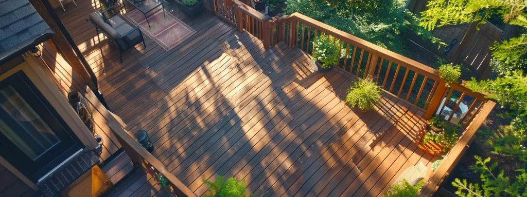 Busy Builders: Your Best Choice for Decks in Des Moines 2 a vibrant, sunlit deck crafted from rich trex material showcases impeccable craftsmanship, surrounded by lush greenery in a serene des moines backyard, symbolizing the ideal outdoor living space.