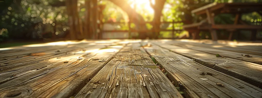 **Wood vs. Synthetic Deck: Pros and Cons You Should Know** 2 a weathered wooden deck, marred by visible rot and fading hues, stretches into a sunlit backyard, symbolizing the challenges homeowners face with maintenance and durability.