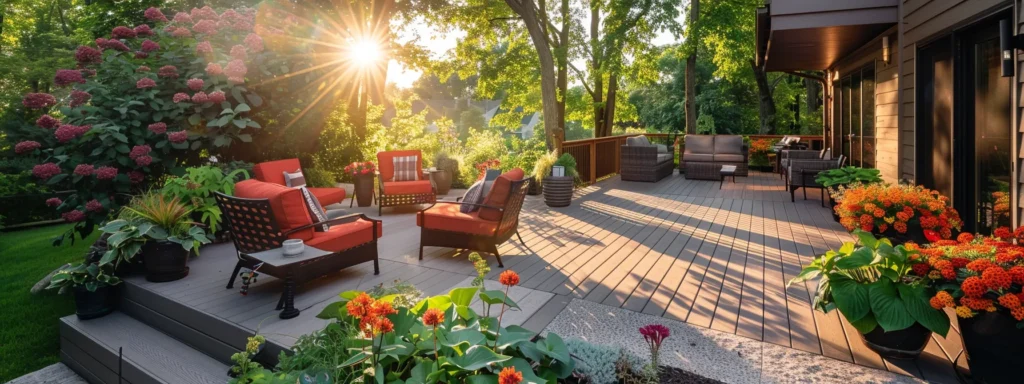 Busy Builders: Your Best Choice for Decks in Des Moines 6 a welcoming outdoor deck in des moines, bathed in warm sunlight, showcasing satisfied homeowners engaging with friendly customer support representatives amidst a backdrop of lush greenery and vibrant flowers.