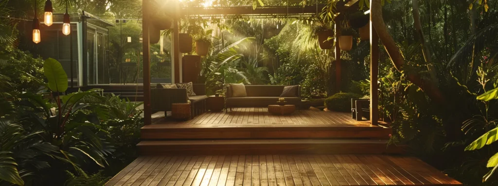 Building or Repairing Your Deck? Trust Busy Builders in Des Moines 2 a stunning outdoor scene showcases a beautifully crafted wooden deck, designed with custom features and surrounded by lush greenery, bathed in warm evening light that highlights the quality craftsmanship and inviting atmosphere.