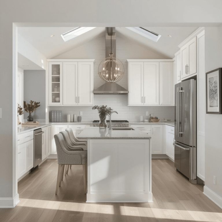 Busy Builders rendering of a home addition kitchen with white shaker cabinets, granite island with seating, stainless steel appliances, subway tile backsplash, and vaulted ceiling with globe chandelier