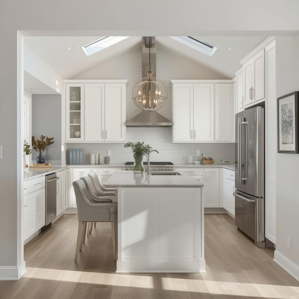 Interior Remodeling in Des Moines: What It Costs, Where to Start, and What Most Homeowners Get Wrong 1 Busy Builders rendering of a home addition kitchen with white shaker cabinets, granite island with seating, stainless steel appliances, subway tile backsplash, and vaulted ceiling with globe chandelier