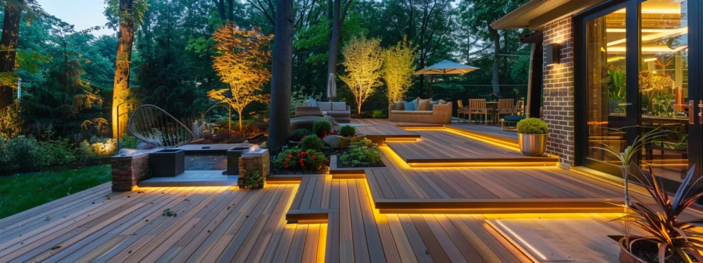 Trusted Deck Builder in Des Moines - Busy Builders 2 a beautifully designed custom deck, harmoniously integrated into a lush backyard landscape, showcases elegant materials and inviting spaces perfect for outdoor gatherings under soft, warm lighting at sunset.
