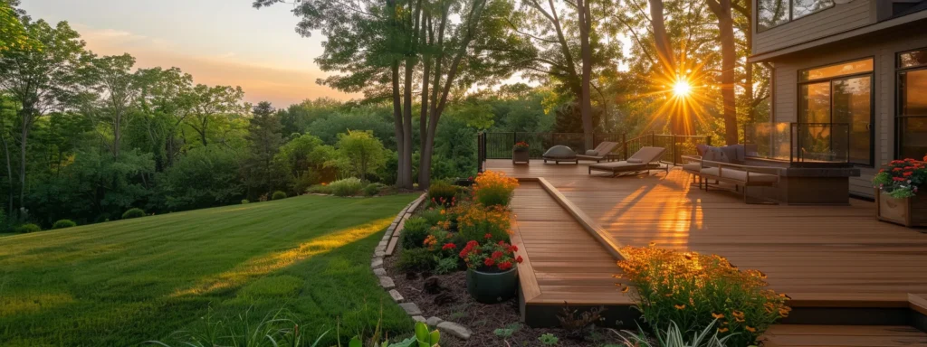 Trusted Deck Builder in Des Moines - Busy Builders 5 a beautifully maintained custom deck nestled in a lush backyard, showcasing vibrant greenery and a setting sun casting warm golden light, reflecting the importance of proper care and upkeep for des moines homeowners.