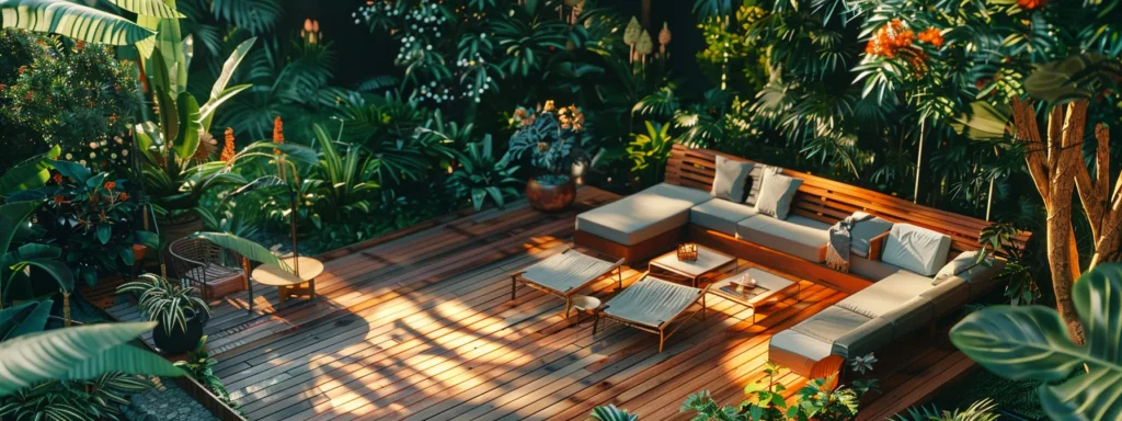 Trusted Deck Builder in Des Moines - Busy Builders 6 a serene outdoor living space showcases a beautifully designed custom deck surrounded by lush greenery, inviting seating arrangements, and vibrant decor, illuminated by warm, golden-hour sunlight that enhances the elegant wood grain texture.
