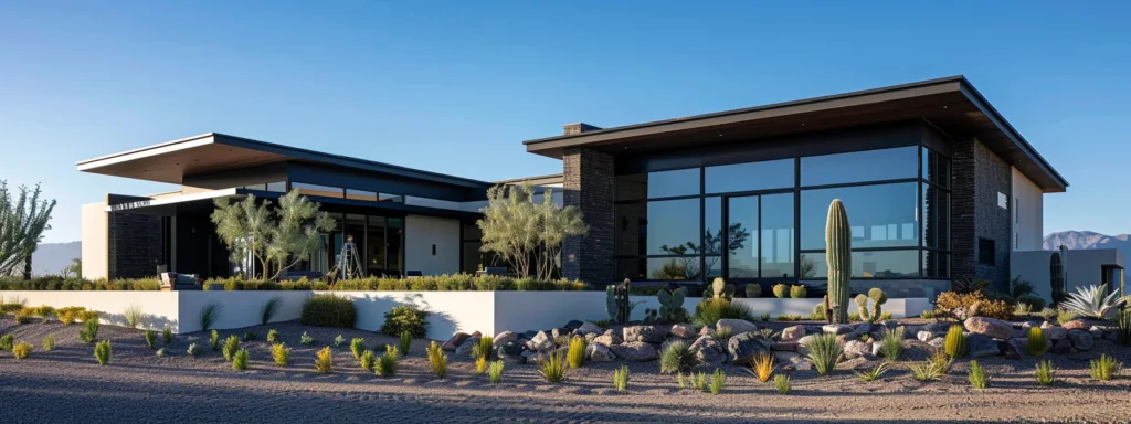 Experience Exceptional Home Building with Busy Builders 7 a sleek, modern home stands proudly under a clear blue sky, showcasing its stunning architecture, while a professional contractor consults with a homeowner about robust after-construction support services, emphasizing quality and community.