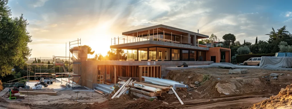 Experience Exceptional Home Building with Busy Builders 3 a striking image of a modern home under construction, showcasing robust materials and precise craftsmanship illuminated by warm afternoon sunlight, embodies the essence of quality and reliability in residential building.