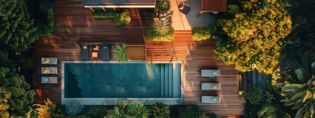 Trusted Deck Builder in Des Moines - Busy Builders 1 a stunning aerial view of a contemporary multi-level custom deck seamlessly blending with a lush green landscape, showcasing eco-friendly materials and a vibrant poolside setup, bathed in warm, golden sunlight.