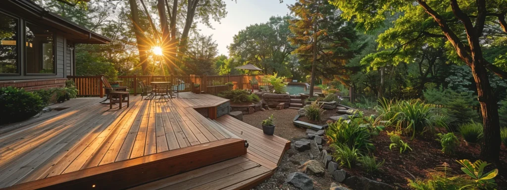 Trusted Deck Builder in Des Moines - Busy Builders 4 a stunning custom deck nestled in a lush backyard, showcasing rich wood grain and elegant railings, illuminated by golden sunset light, reflecting the careful craftsmanship and harmony with nature.
