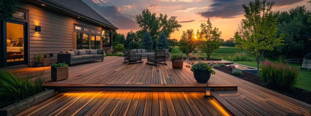 Trusted Deck Builder in Des Moines - Busy Builders 3 a stunning wooden deck designed with precision in a vibrant des moines backyard showcases expert craftsmanship and local expertise, bathed in warm, golden light during the golden hour.