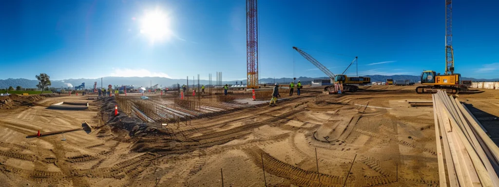 Experience Exceptional Home Building with Busy Builders 5 a vibrant construction site bustling with activity, showcasing expertly organized teams collaborating under a clear blue sky, symbolizing efficient project management and timely project completion.