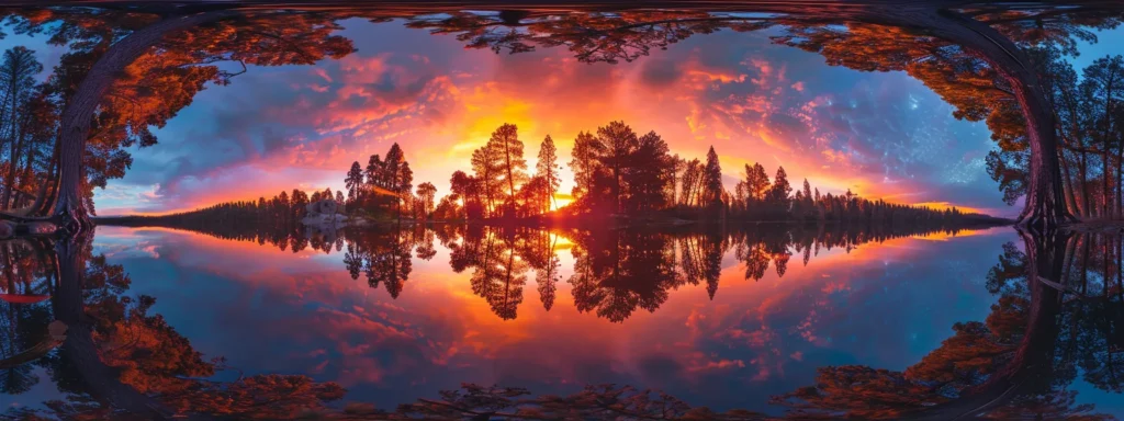 Successful Interior Remodeling Starts with Busy Builders 5 a breathtaking panorama of a vibrant sunset over a tranquil lake, reflecting brilliant hues of orange and pink, with silhouettes of tall pine trees framing the scene.
