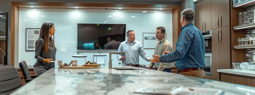 a focused, modern kitchen renovation meeting takes place in a sleek, well-lit conference room, with a contractor and homeowner engaged in a detailed discussion, surrounded by samples of quartz countertops and cabinetry textures.