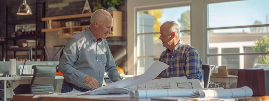 2025 Trends in Home Additions: What You Need to Know 4 a focused, professional setting depicts a homeowner engaged in a detailed discussion with a knowledgeable contractor in a modern office, surrounded by blueprints and project samples, emphasizing the critical nature of selecting the right contractor for a home addition.