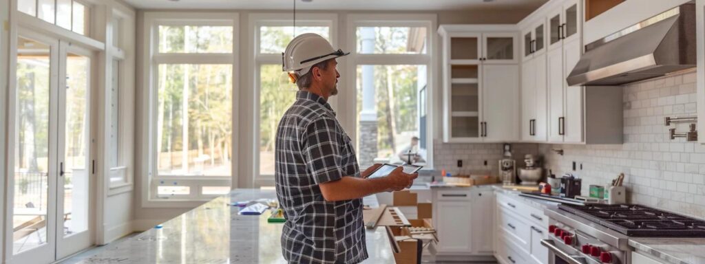 a meticulously organized construction site showcases a homeowner inspecting the high-end finishes of a kitchen expansion, with polished countertops, aligned stainless steel fixtures, and a detailed quality control checklist prominently displayed on a tablet amidst the ongoing renovations.