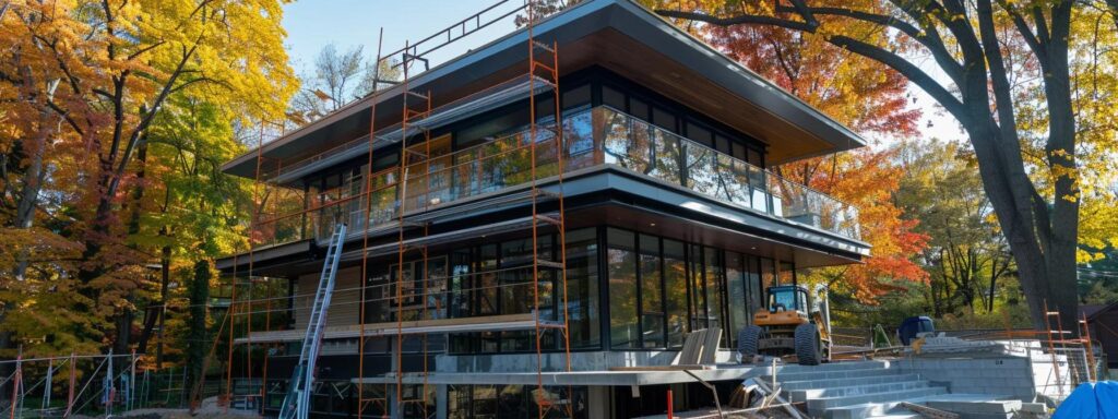 2025 Trends in Home Additions: What You Need to Know 7 a modern home addition, featuring sleek lines and contemporary design, is under construction on a crisp autumn day, with a backdrop of vibrant seasonal foliage and scaffolding, symbolizing the impact of seasonal trends on architectural innovation.