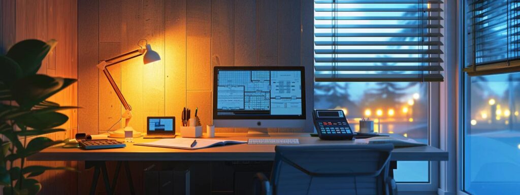 2025 Trends in Home Additions: What You Need to Know 3 a modern home office featuring a sleek desk with an open laptop, blueprints for a home addition spread out beside a calculator, and a wall-mounted screen displaying a detailed budget plan, all illuminated by warm, focused lighting that emphasizes the serious atmosphere of financial planning.