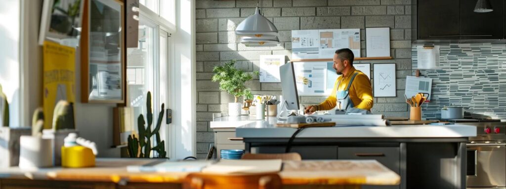 a modern kitchen renovation office with an organized contractor's workspace, showcasing detailed project plans and swatches, while a homeowner engages in conversation, emphasizing a collaborative and professional atmosphere.