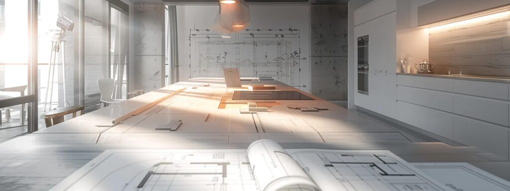 a modern kitchen under renovation, showcasing open spaces marked for expansion, with architectural blueprints and samples of sustainable materials laid out on a sleek countertop, illuminated by bright overhead lights in an urban setting.