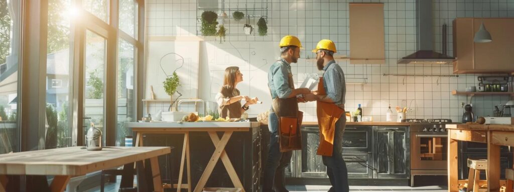 a modern kitchen undergoing renovation is highlighted, showcasing a contractor meticulously discussing plans with homeowners in a brightly lit, stylish setting filled with design samples and construction materials.
