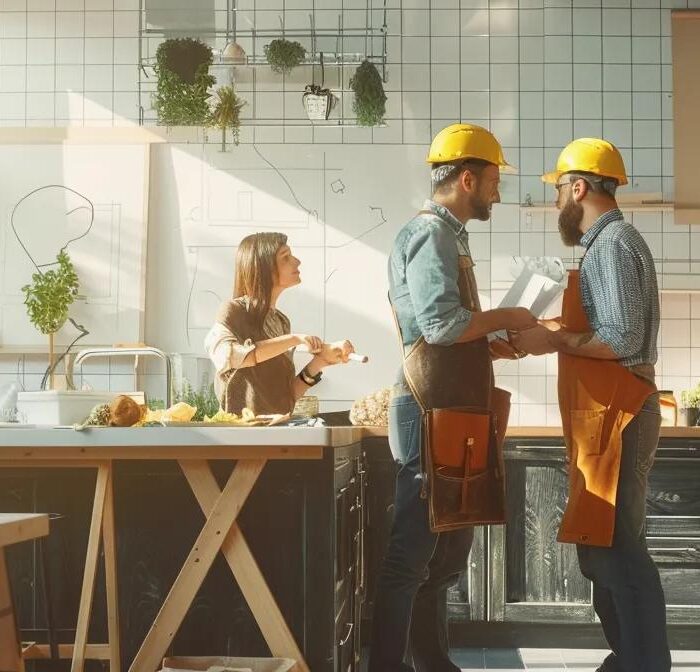 a modern kitchen undergoing renovation is highlighted, showcasing a contractor meticulously discussing plans with homeowners in a brightly lit, stylish setting filled with design samples and construction materials.