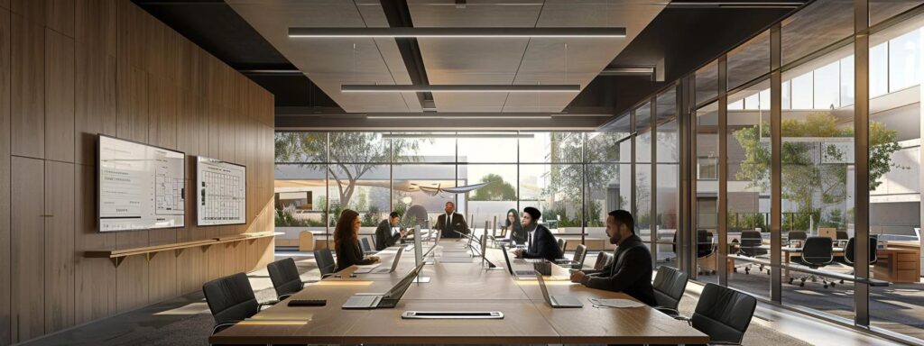 Custom Home Building in Grimes: Trust Our Expertise 4 a modern office space showcases a sleek conference table surrounded by professionals engaged in a dynamic discussion about financing options for custom home building projects, with blueprints and financial charts prominently displayed on the table.