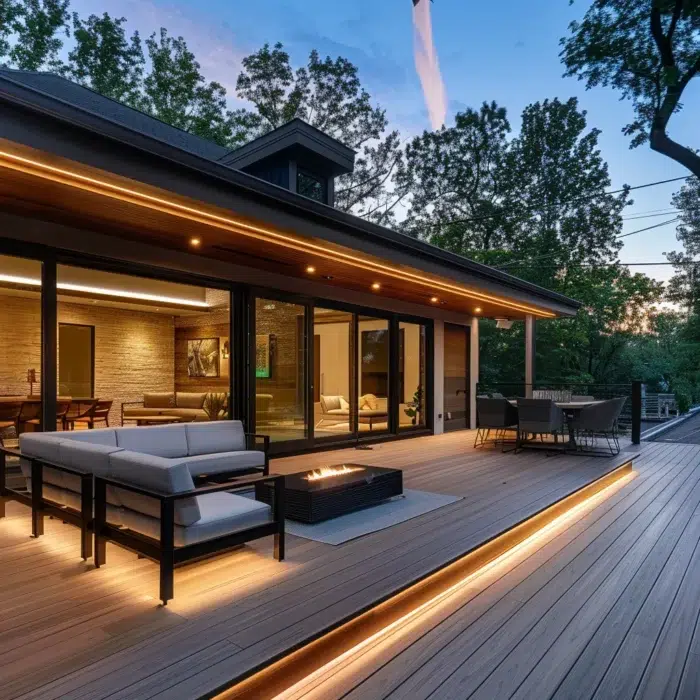 a modern outdoor deck showcasing expertly crafted wooden features, with sleek furniture and elegant lighting, set against a stylish suburban home in cumming, highlighting the professionalism and quality of busy builders.
