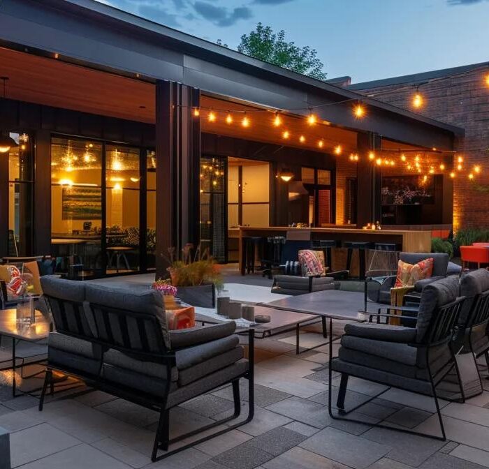 a modern patio design showcases sleek furniture and innovative lighting in a stylish, urban outdoor setting, emphasizing the best design trends of 2025 in iowa.
