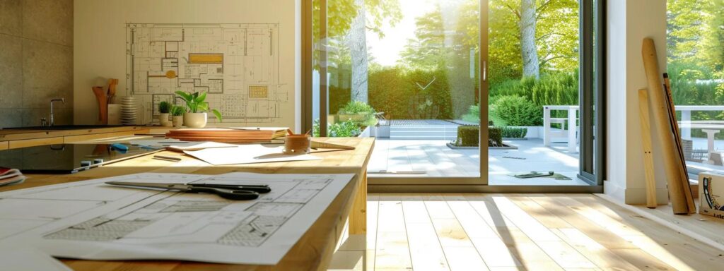 2025 Trends in Home Additions: What You Need to Know 1 a modern, sleek home interior showcases a stylish living space under construction, highlighting innovative extension designs and dynamic layouts, with architectural plans and tools visible amidst the active renovation.