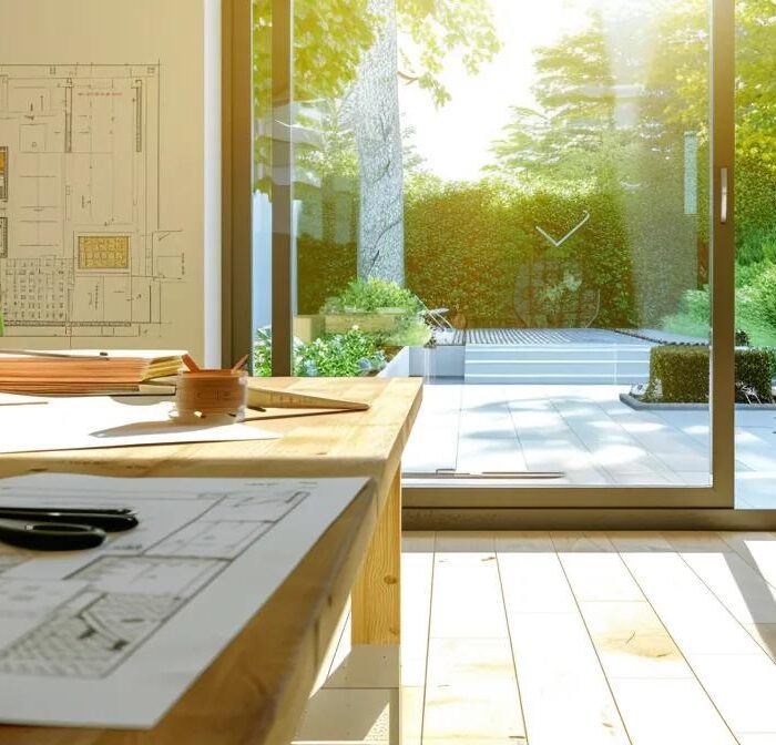 a modern, sleek home interior showcases a stylish living space under construction, highlighting innovative extension designs and dynamic layouts, with architectural plans and tools visible amidst the active renovation.