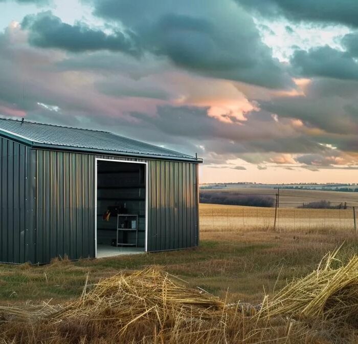a rugged, well-equipped metal shed stands prominently in a rural des moines landscape, showcasing essential storage tools and equipment against a backdrop of expansive farmland under a dramatic sky.