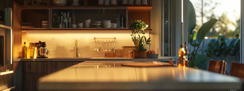 a sleek, modern kitchen featuring a functional layout with gleaming quartz countertops, a stylish butcher block work surface, and optimized appliance placement, bathed in warm under-cabinet lighting that emphasizes both aesthetic appeal and efficient workflow.