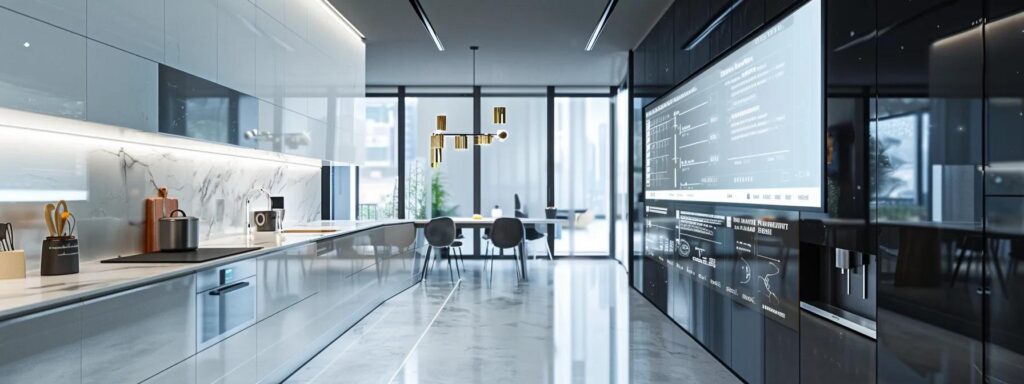 a sleek, modern kitchen under renovation showcases a structured timeline displayed on a large digital screen, highlighting key project milestones while workers diligently coordinate the transformation amidst a meticulously organized space.