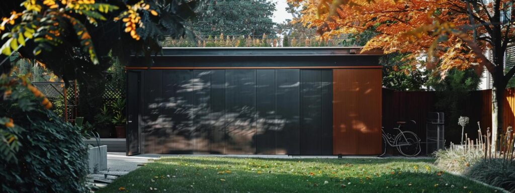 a sleek, modern metal shed dominates an urban backyard, showcasing its robust design against a backdrop of minimalistic architecture, emphasizing its durability and low maintenance compared to traditional wooden structures.