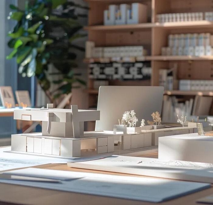 a sleek, modern office filled with blueprints and architectural models, showcasing the innovative and meticulous process of custom home building in grimes.