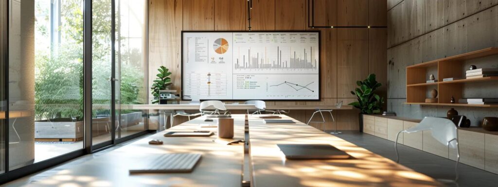 Composite Deck vs Wood Deck: Pros and Cons Explained 6 a sleek, modern office workspace features a side-by-side comparison of composite materials and wood samples on a polished conference table, with detailed graphs and environmental data projected on a high-tech screen, emphasizing the sustainability and ecological impact of each material.