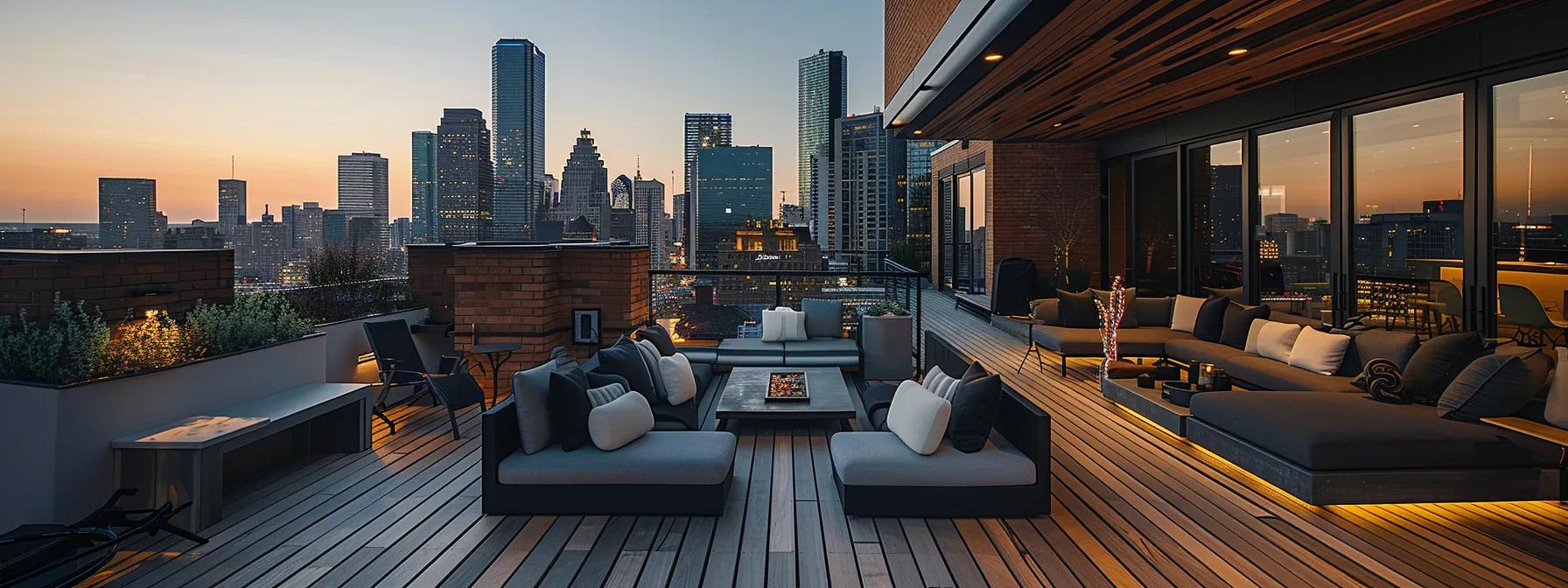 a sleek, modern outdoor deck showcases sleek composite materials, contrasting against a rich wood backdrop, emphasizing the durability and elegance of synthetic decking options in a stylish urban rooftop setting.